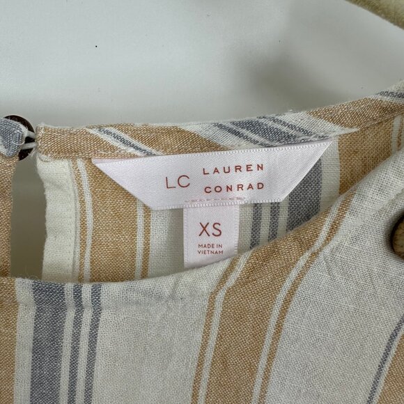 3/$25 Lauren Conrad Striped Blouse Top XS Linen Blend Ruffle‎ Trim 3/4 Sleeves - Picture 6 of 7
